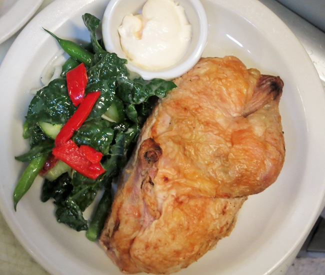 Half free-range WA chicken served cold with mayonaise and a salad of onion-cucumber pickles, kale, green beans, red peppers and black pepper vinaigrette