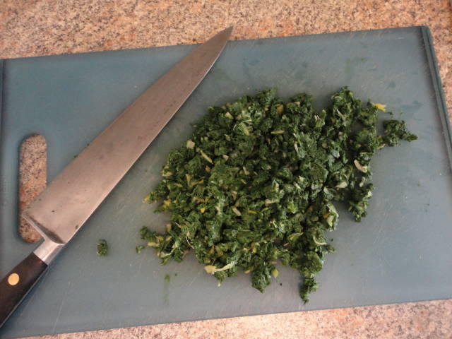 Green chard leaves, blanched and chopped.