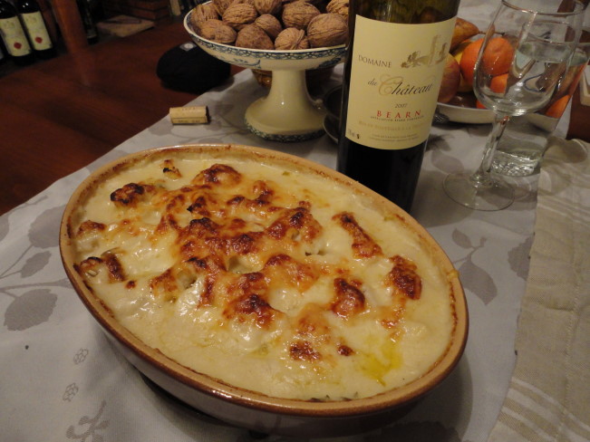 Gratin of cauliflower, made with both milk and creme fraiche, topped with Comte cheese.