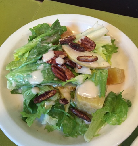 Salad of escarole, roasted yellow beets, winter pears, toasted pecans and roasted garlic vinaigrette.