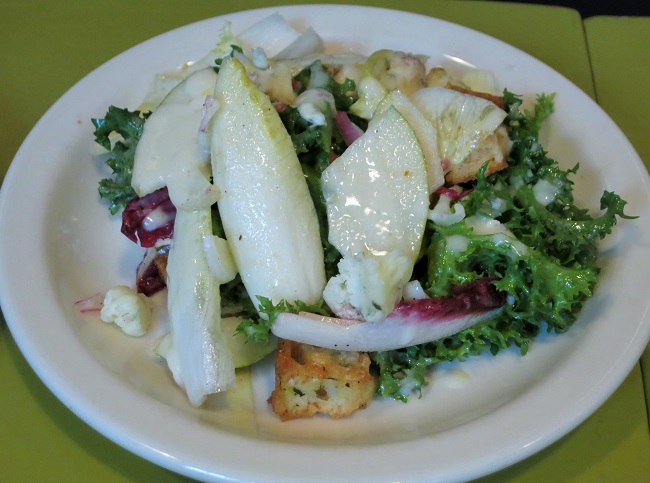 Salade of red, Belgian and curly endives  and pears with creamy Bleu d'Auvergne dressing and garlic croutons.