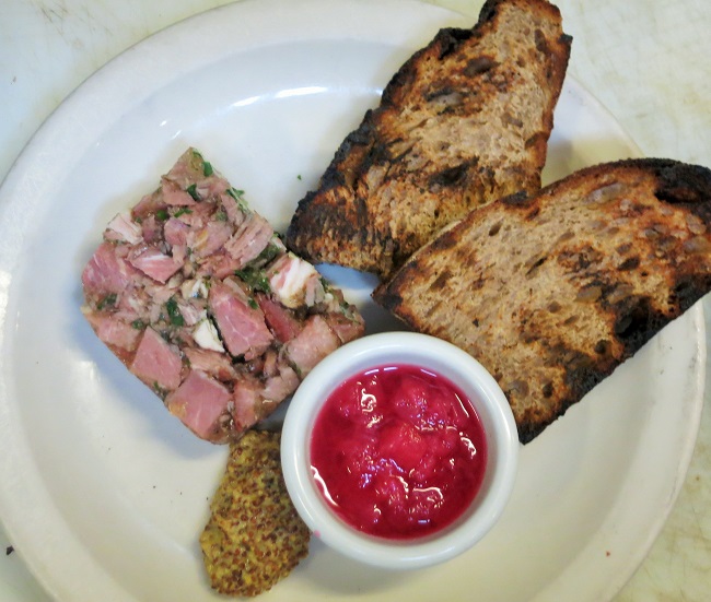 Burgundy-stye smoked ham terrine served with grain mustard, rhubarb compote and grilled country bread