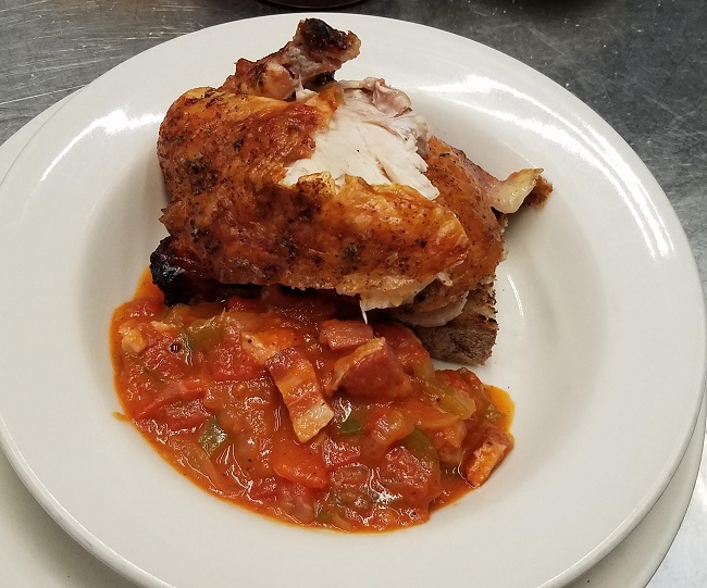 Our famous WA State natural free range roasted chicken for 2, with a Basque-style sweet pepper ragout
