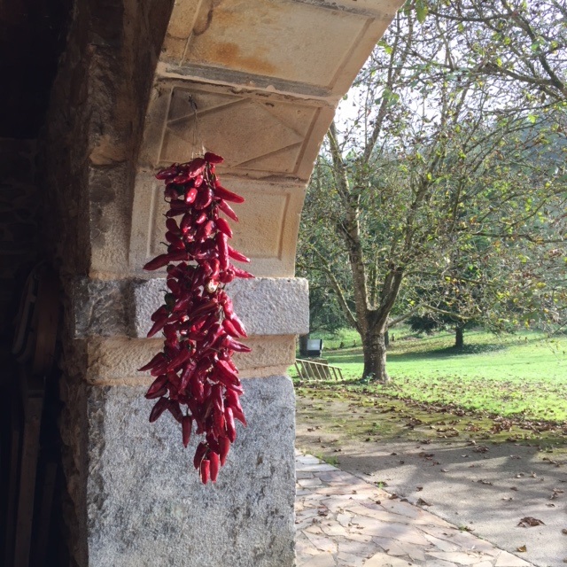 The entrance to Biezko Basserria, with a string of sweet peppers drying in the sun.